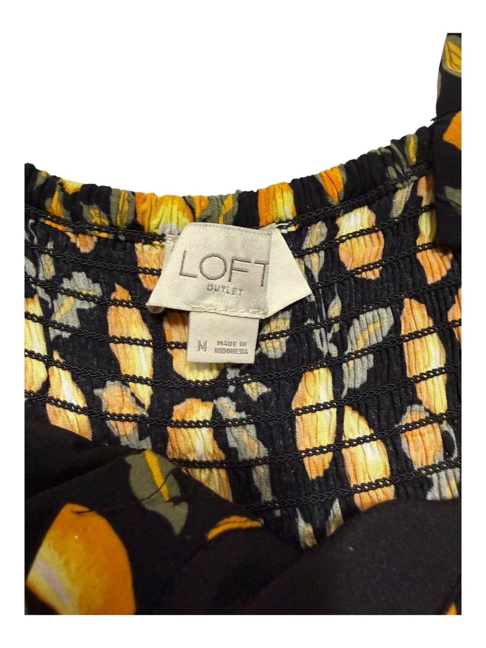LOFT Lemon Print Jumpsuit Wide Leg Cropped Smocked Back Black Yellow Medium - Picture 3 of 7
